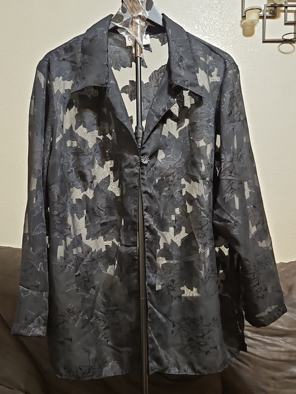 Black Sheer Floral Jacquard Button-Front Blouse